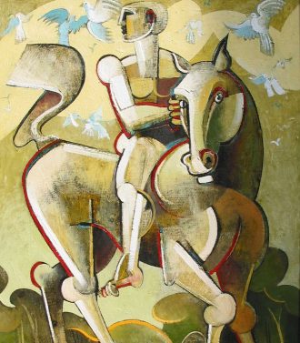 Oil painting Geoffrey Key Rider with bird